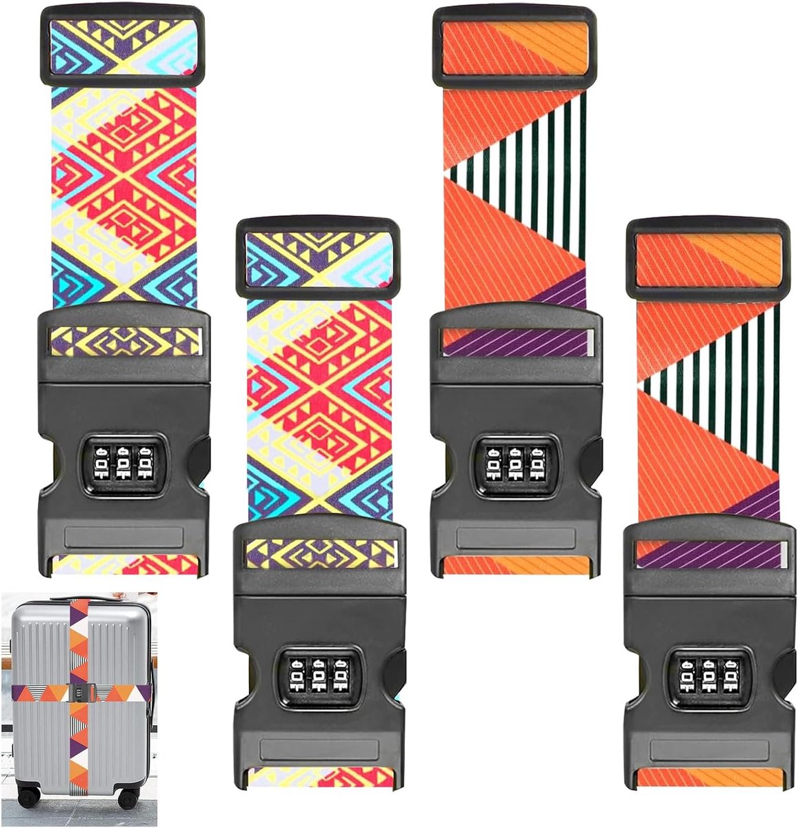 4 stuks reisbagage met combinatieslot, bagageband, 190 x 5 cm bagageband, verstelbaar kruis reisbagage bagageriem, opvallend, verstelbare lengte