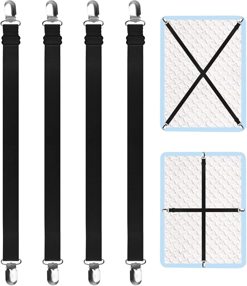 4 stuks Verstelbare Lakenspanner, Elastische Lakenspanner, Lakspanner met Metalen Clips, Strijkplankspanners met Metalen Clips, Voor Lakens, Matras, Strijkplank of Bank, Instelbare Lengte (zwart,2M)