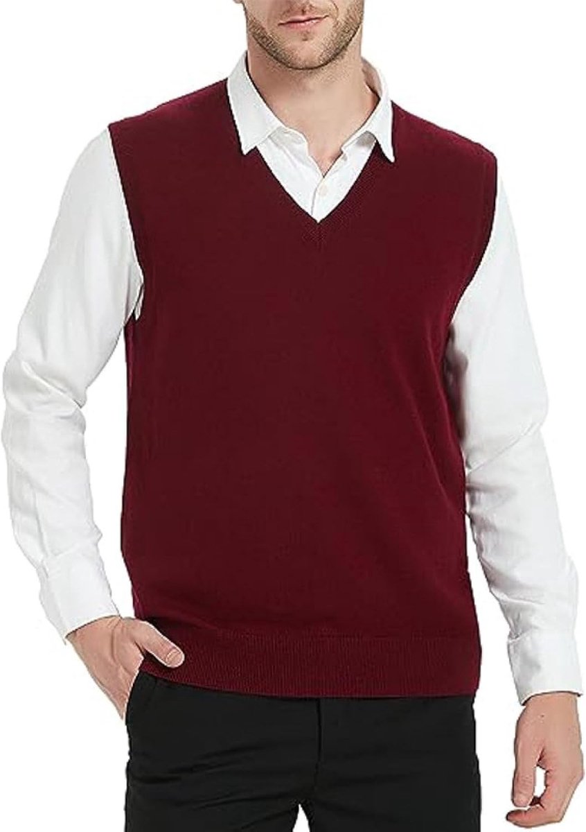 Effen Zakelijk Herenvest Met V-Hals, Herfst- En Winter Herentrui Gebreid Vest, Papa'Skleding Van Middelbare Leeftijd, Gentleman Knitwear Sweater Tank Tops, Wijnrood, S