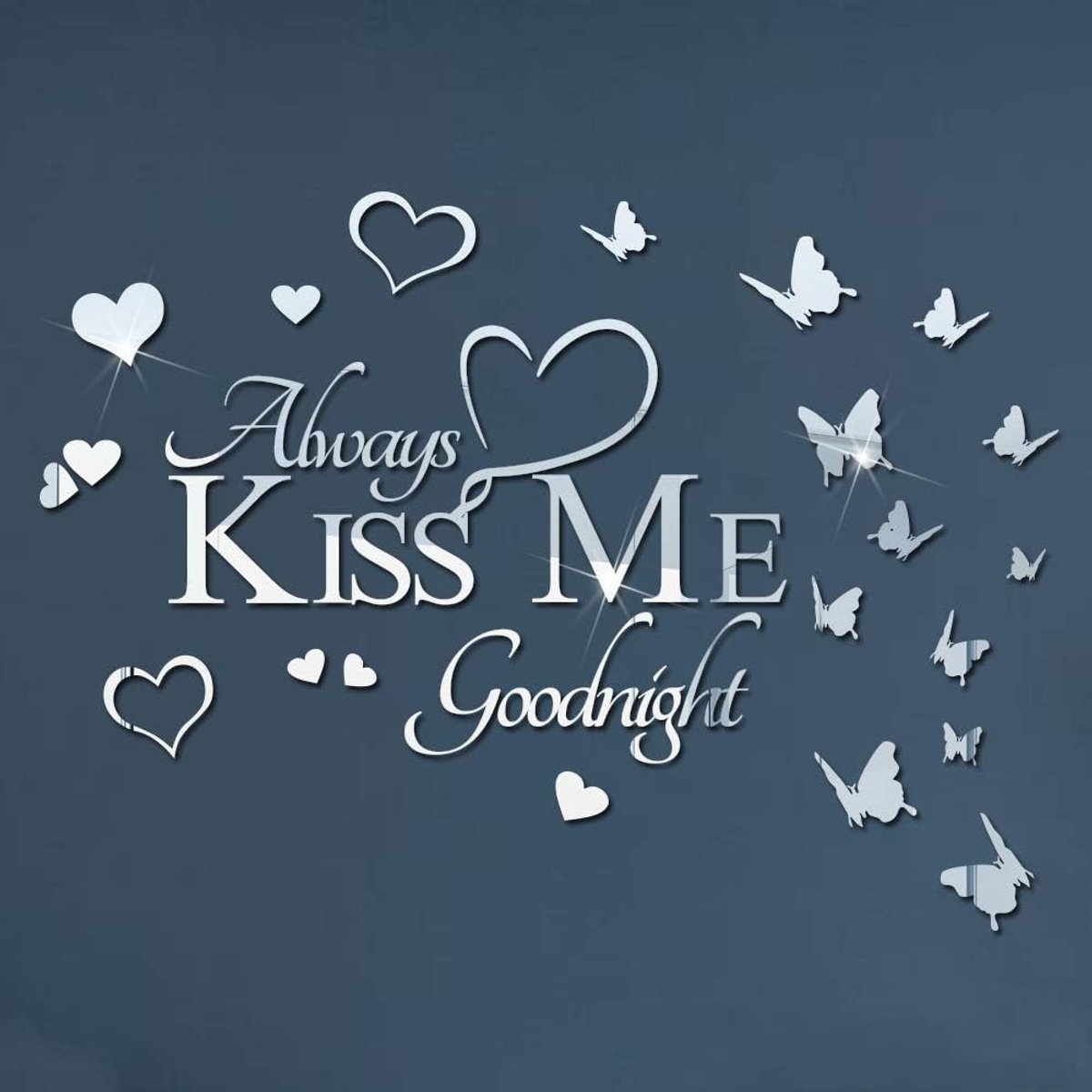 Spiegel Vlinder Muursticker Altijd KISS ME Goodnight Citaten Muursticker, VAZZOLA 3D Vlinders Hart Acryl Decor Art Muurschilderingen Woondecoratie voor Woonkamer Kantoor Badkamer (Zilver)