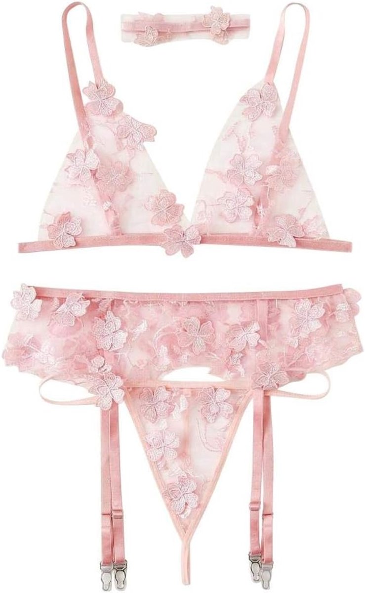 Lingeriesets dames Vrouwen erotische lingerie borduurwerk bh string kousenband kostuum ondergoed transparante nachtkleding