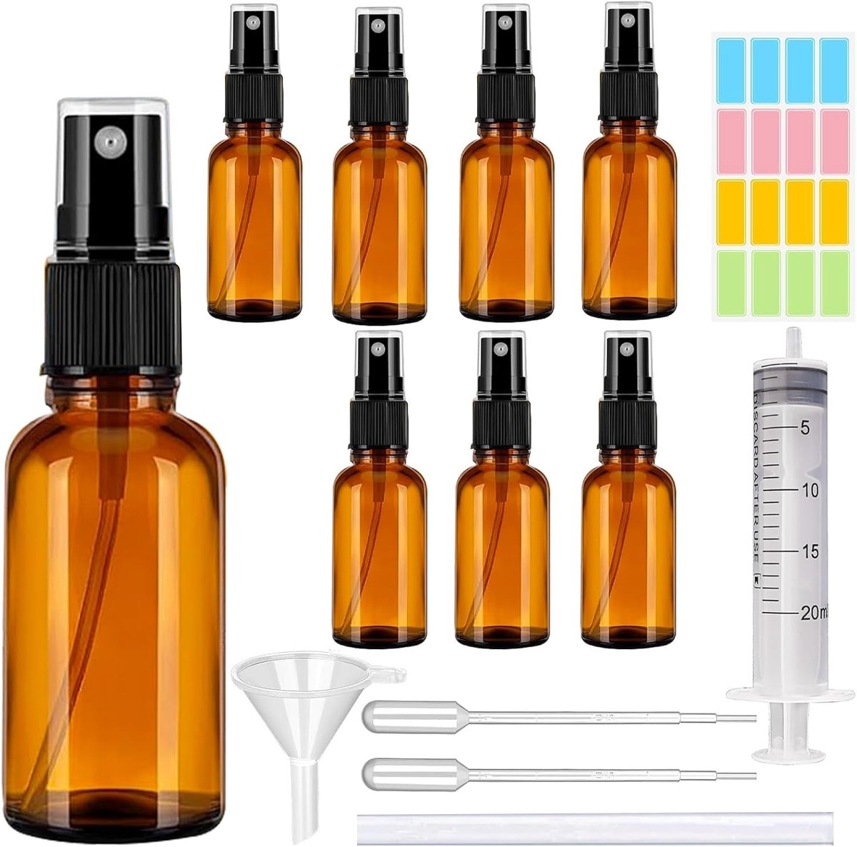 Spuitflessen van glas, 100 ml, bruine glazen spuitflessen om te vullen, draagbare, navulbare verstuiver met trechter, druppelaar en etiketten voor water, alcohol, cosmetica, parfum