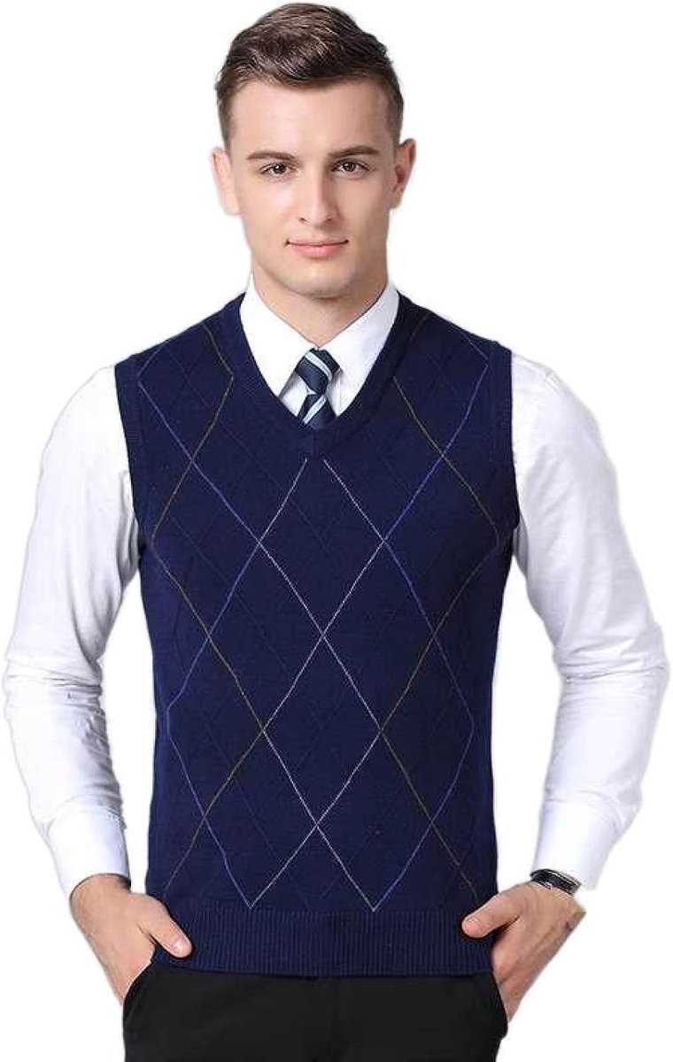Argyle V-Hals Gebreid Vestvest, Klassieke Trend Mouwloze Toptrui Herfst Heren Pullover Trui Casual All-Match Vest, Zakelijk Heren Breigoed Gebreid Vest Trui Tanktops, Marineblauw, S