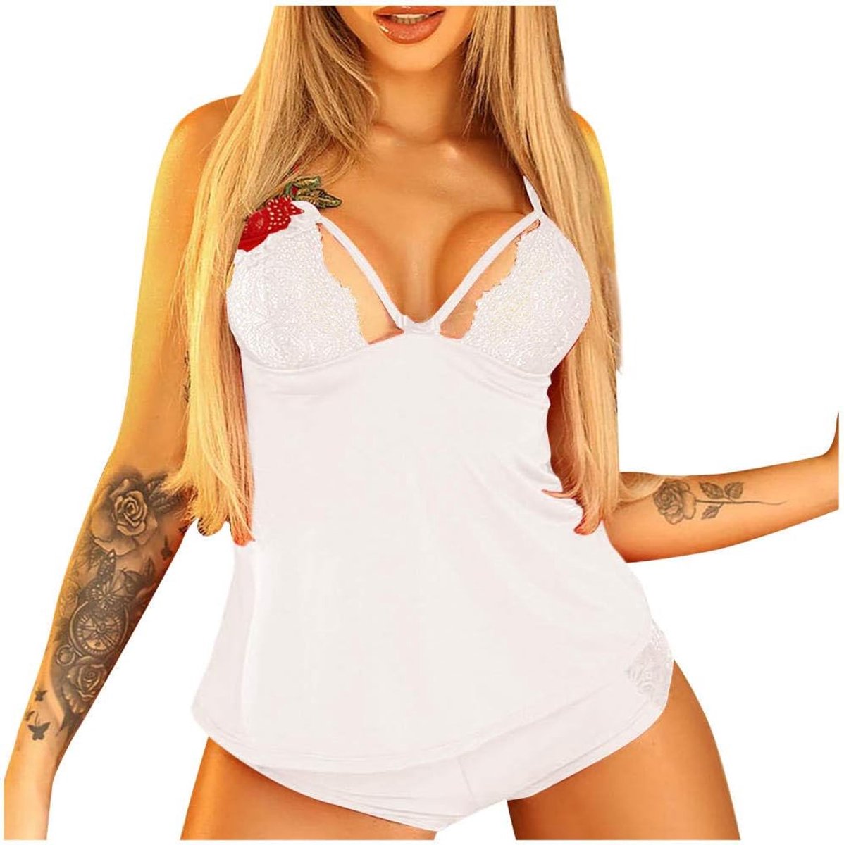 Porno Dames Sexy Lingerie Erotische Verleiding Diepe V Kant Borduurwerk Rose Beha Perspectief Ondergoed Vrouwen Kostuums-White_XL
