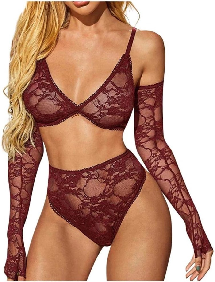 Lingerie & ondergoed Vrouwen Erotische Kanten Lingerie Beha Porno Ondergoed Nachtkleding Verleiding Transparant Hol Sexy Dames-Wine_XXL