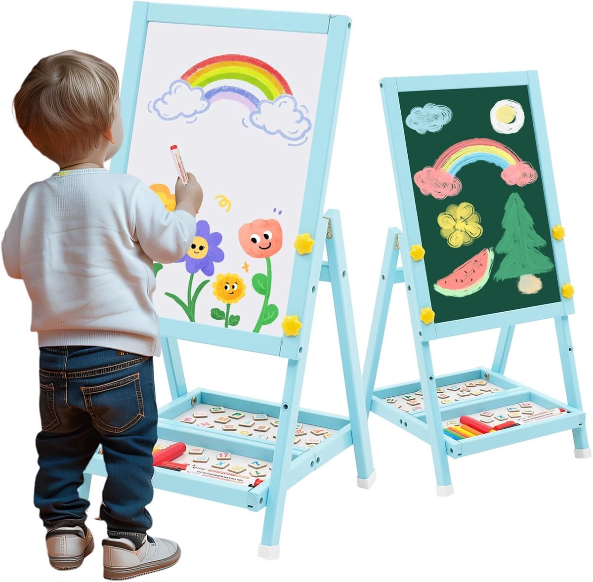 Easel Mini tweezijdig houten whiteboard voor kinderen, blauw