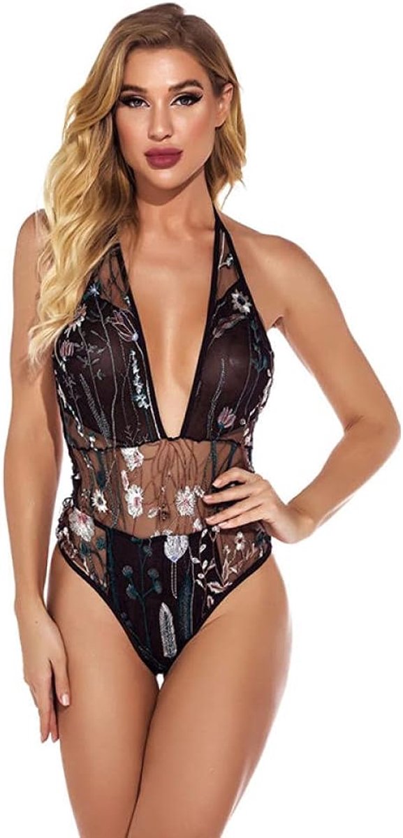 Lingerie & ondergoed vrouwen borduren sexy bodystocking lingerie crotchless bodysuit set