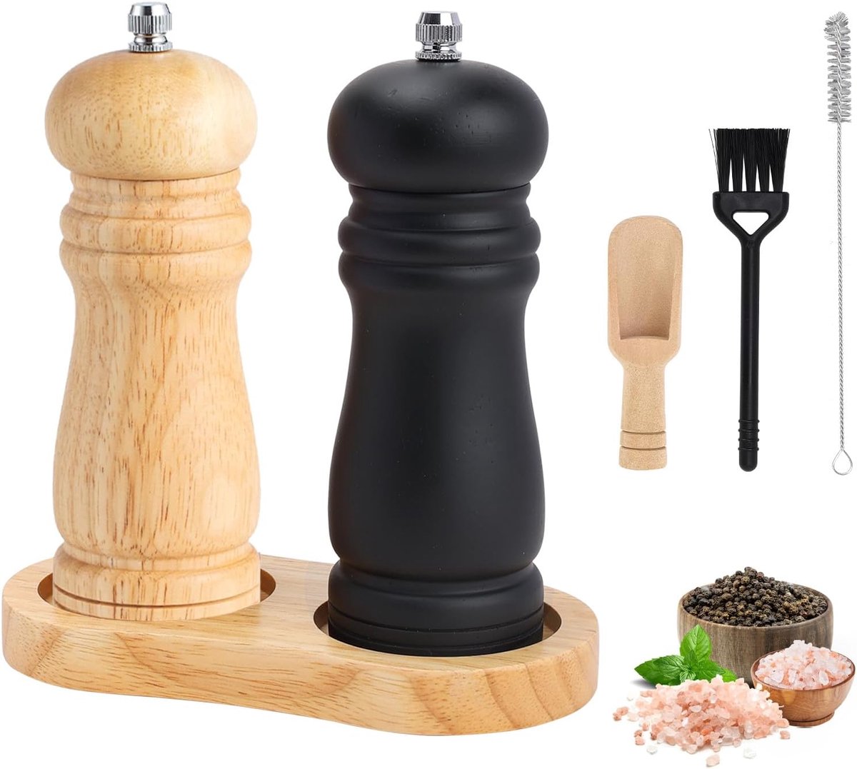 Set van houten peper- en zoutmolens met borstel en lepel, manuele peper- en zoutmolen van 15,2 cm, instelbaar grof, oplaadbare pepermolen met keramisch kern voor