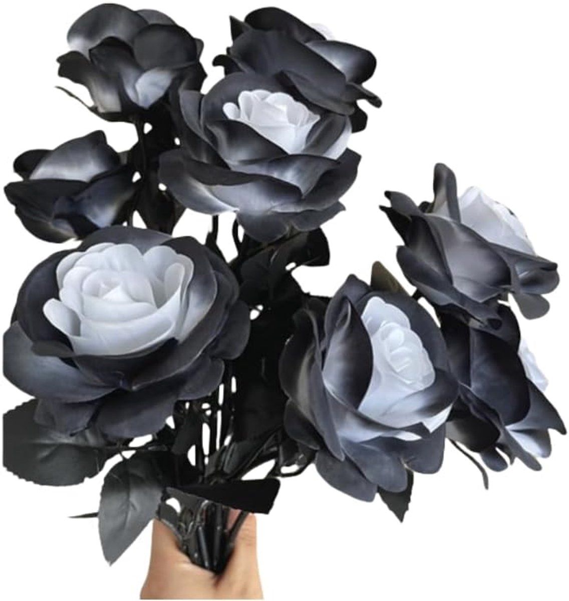 10 bundels zwart wit kunstmatige rozenbloem, geen vervagende rozen, enkele steel nep zijden bloemen realistische bloesem flora, voor doe-het-zelf thuis ~ Halloween decoratie