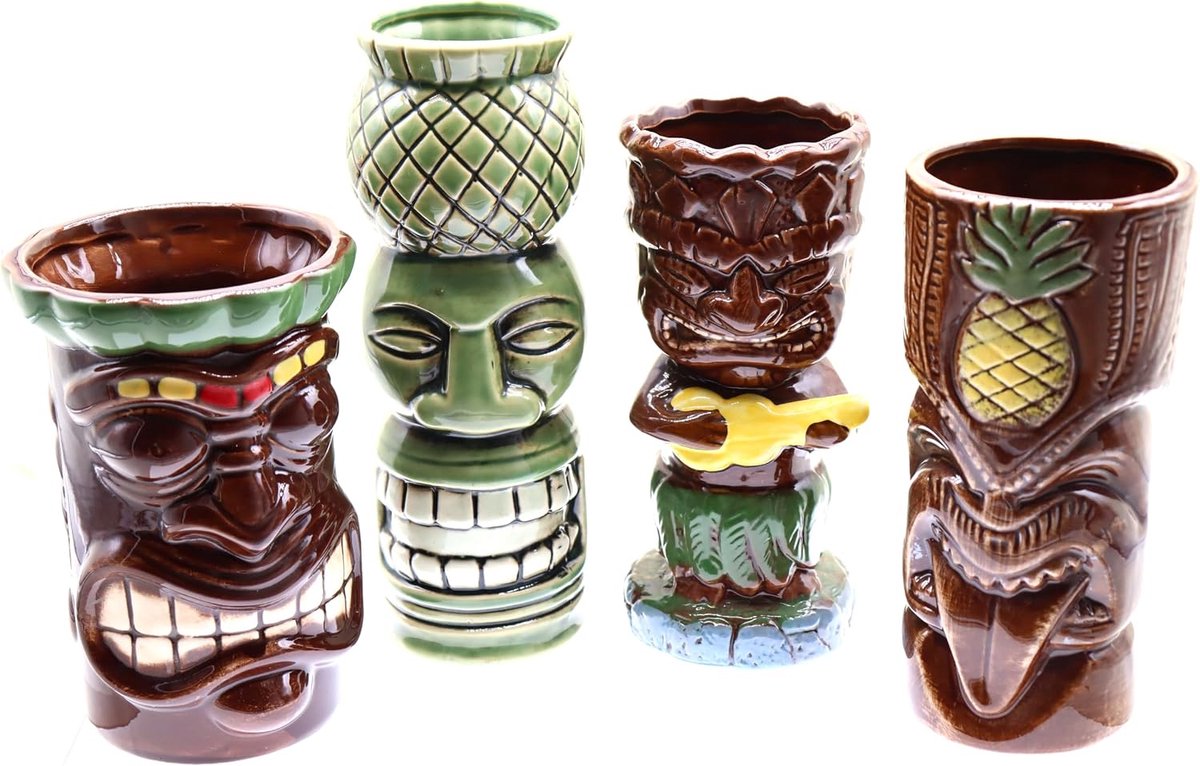 Set van 4 Tiki Tropical Cocktailglas, Tiki-beker, set van keramische mokken, inspiratie, Polynesische cultuur, exotische en tropische dranken, Hawaiiaanse cocktail