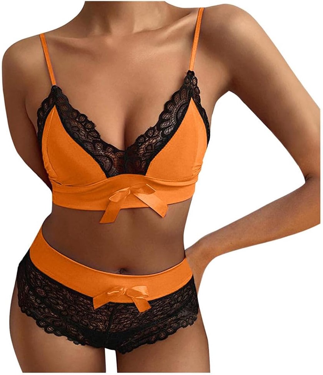 Dameskleding Sexy Lingerie Set Beha Slips Sexy Lingerie Vrouwen Transparant Kant Kostuums Hollow Out-orange_S_
