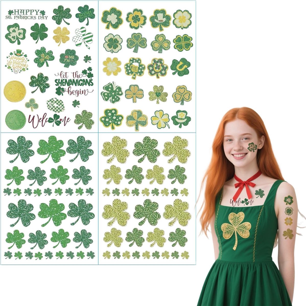 Tatouage Temporaire - 100 Trois-Feuilles, Quatre Feuilles, Facile à Appliquer et à Retirer, Autocollants de Tatouages Temporaires pour Saint-Patrick, Cadeau Festif