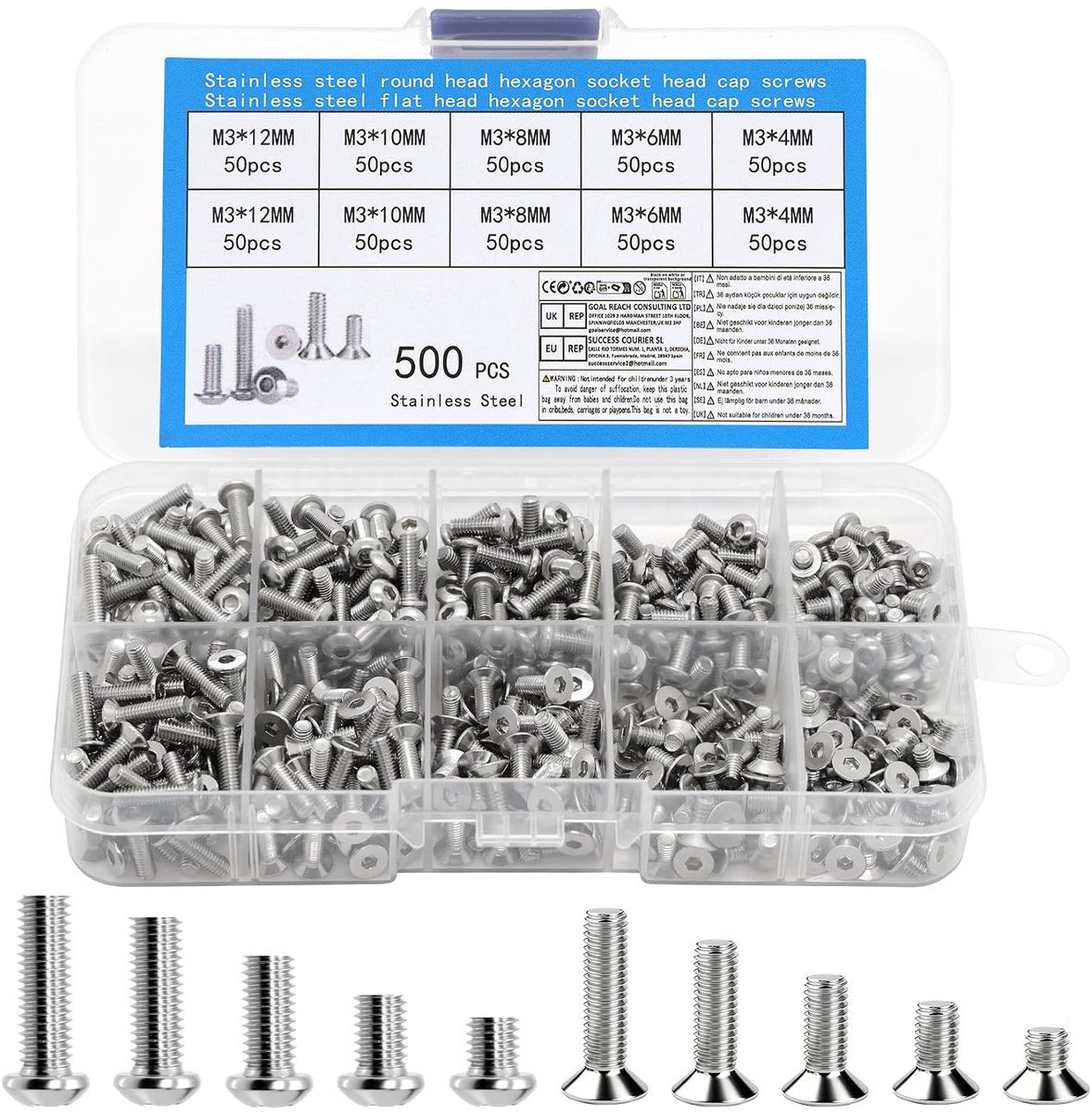 500 stuks M3 schroevenset, incl. 250 stuks verzonken kopschroeven, binnenzeskant schroeven en 250 stuks lenskopschroeven, zeskantschroeven, machineschroeven, schroefdraadschroevenset