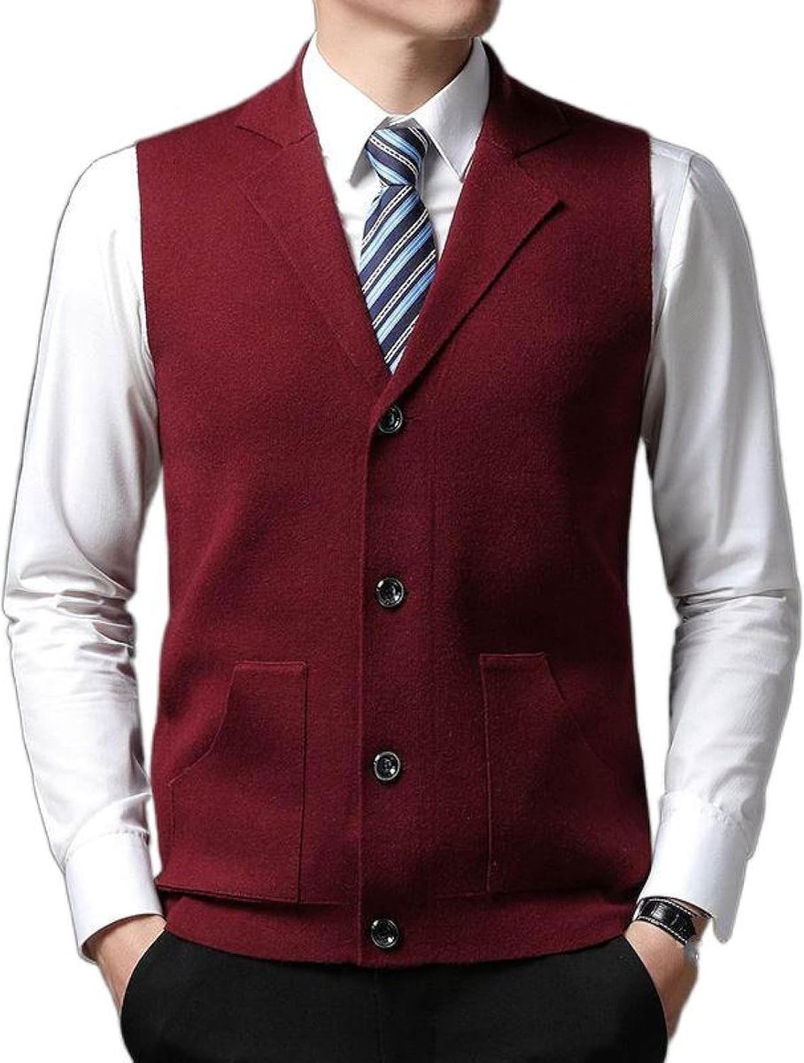 Vestvest Van Middelbare Leeftijd, Klassiek Dik Pakkraag Gebreid Vest Zijnaadzak Effen Kleur Mouwloos Vest, Zakelijk Heren Gebreide Vest Trui Vest Tanktops, Paars Rood, S