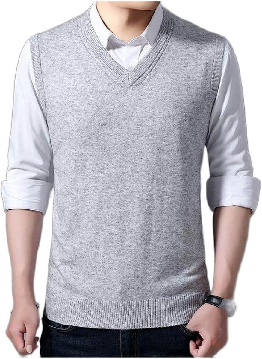 Jeugd Heren Vest Met V-Hals, Klassieke Slanke Mouwloze Pullover Trui Effen Kleur Jacquard Gebreid Vest, Casual Business Gentleman Knitwear Vest Sweater Tank Tops,Lichtgrijs,S