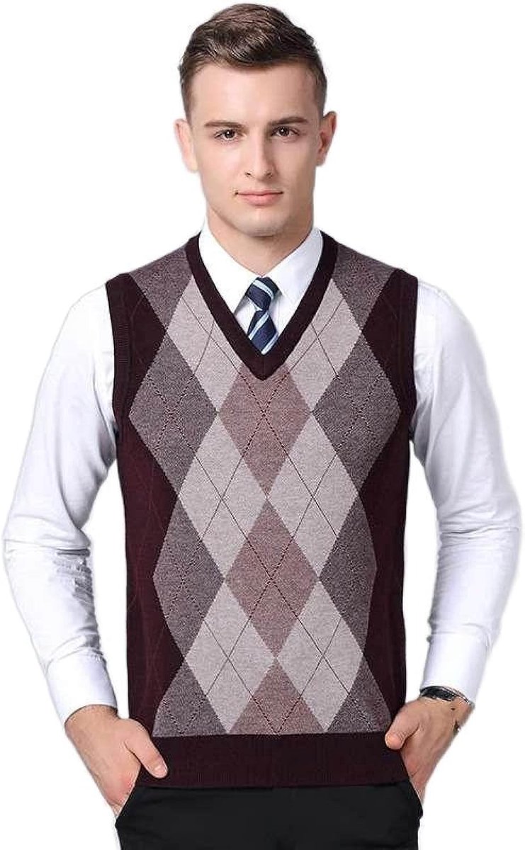 Argyle V-Hals Mouwloze Trui Trui, Herfst En Winter Heren Gebreide Trui Vest, Middelbare Leeftijd Kleur Bijpassende Verdikte Casual Heren Gebreide Trui Tanktops,Rood,S