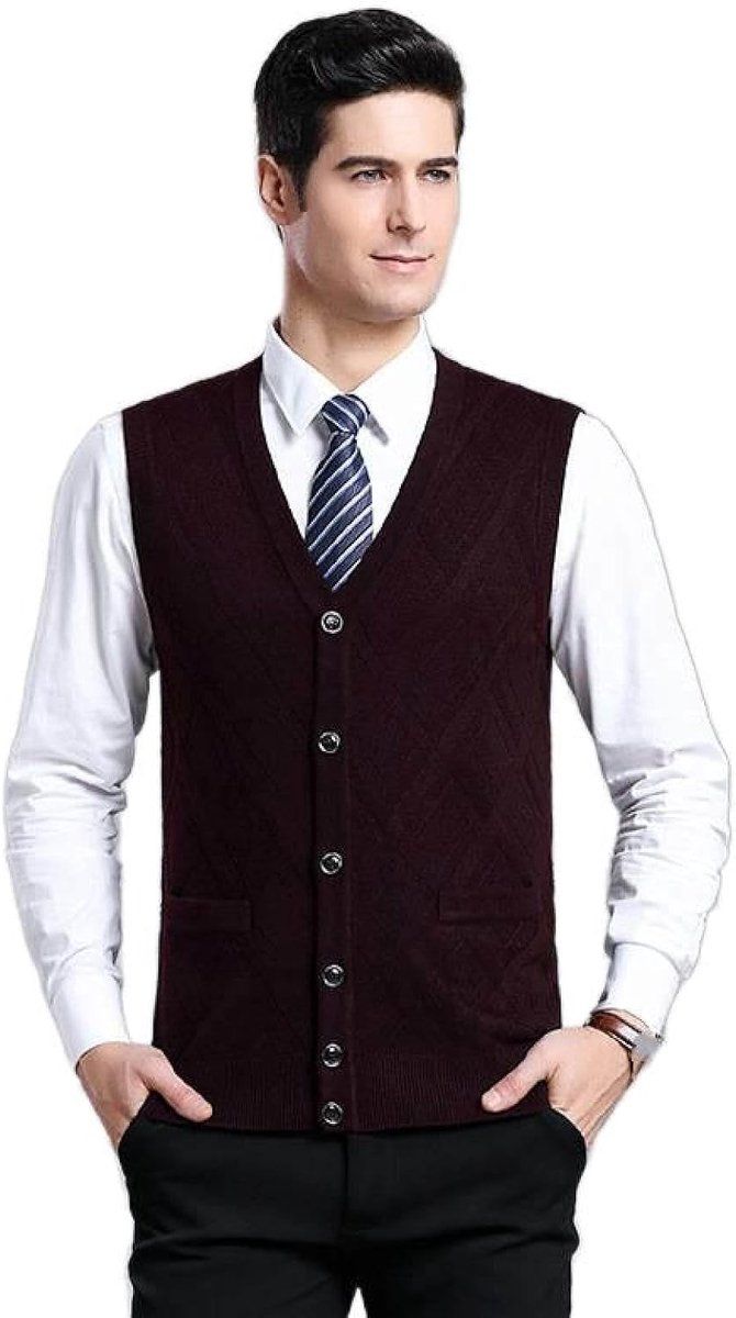 Argyle Vest Voor Heren Met V-Hals, Jeugdmode Heren Gebreid Vest Bovenkleding Casual Trendy Trui, Klassiek Zakelijk Heren Breigoed Gebreid Vest Trui Vest Tanktops, Donkerrood, S