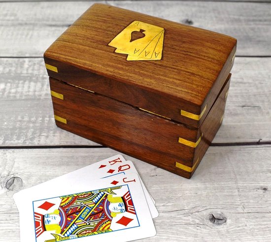 Speelkaarten Dubbel Deck Houder Opbergdoos Handgemaakte Houten Decoratieve Koffer met Messing Aas Ontwerp 2 Pakken Kaarten Organizer — afbeelding 5