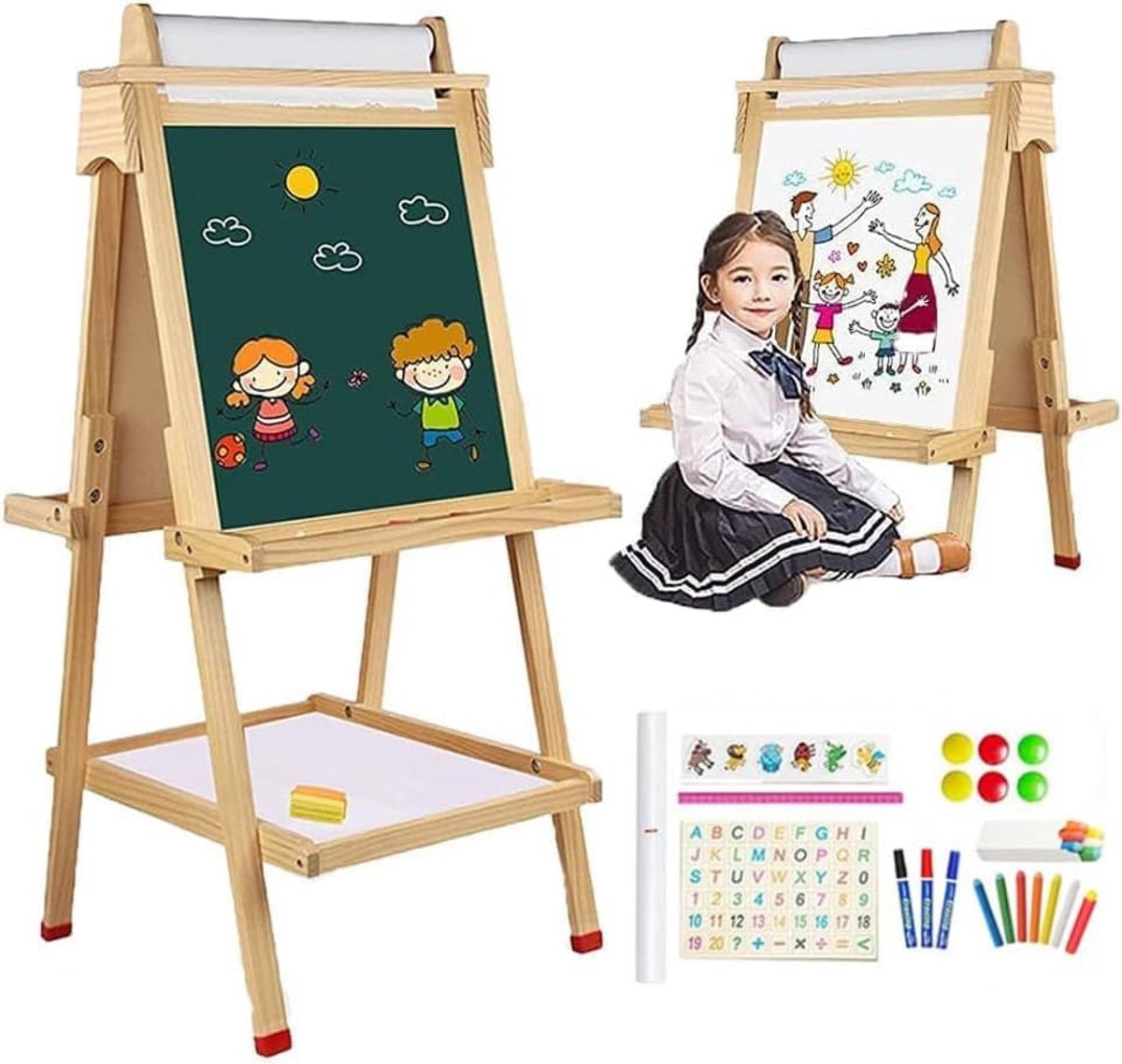 Dubbelzijdig houten bord voor kinderen, met krijtbord en whiteboard, in hoogte verstelbaar, staand bord met papierrol, schilderaccessoires, opbergbakje, stickers voor jongens en