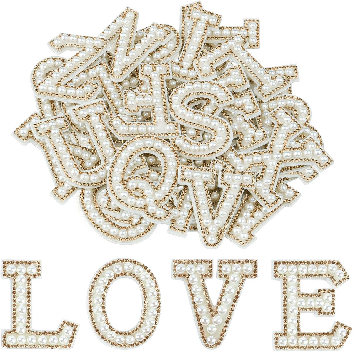 26 stuks parelstrass letterpatches zelfklevende A-Z, opplakbare parel letterpatches voor kleding, stof, rugzak (lichtgeel)