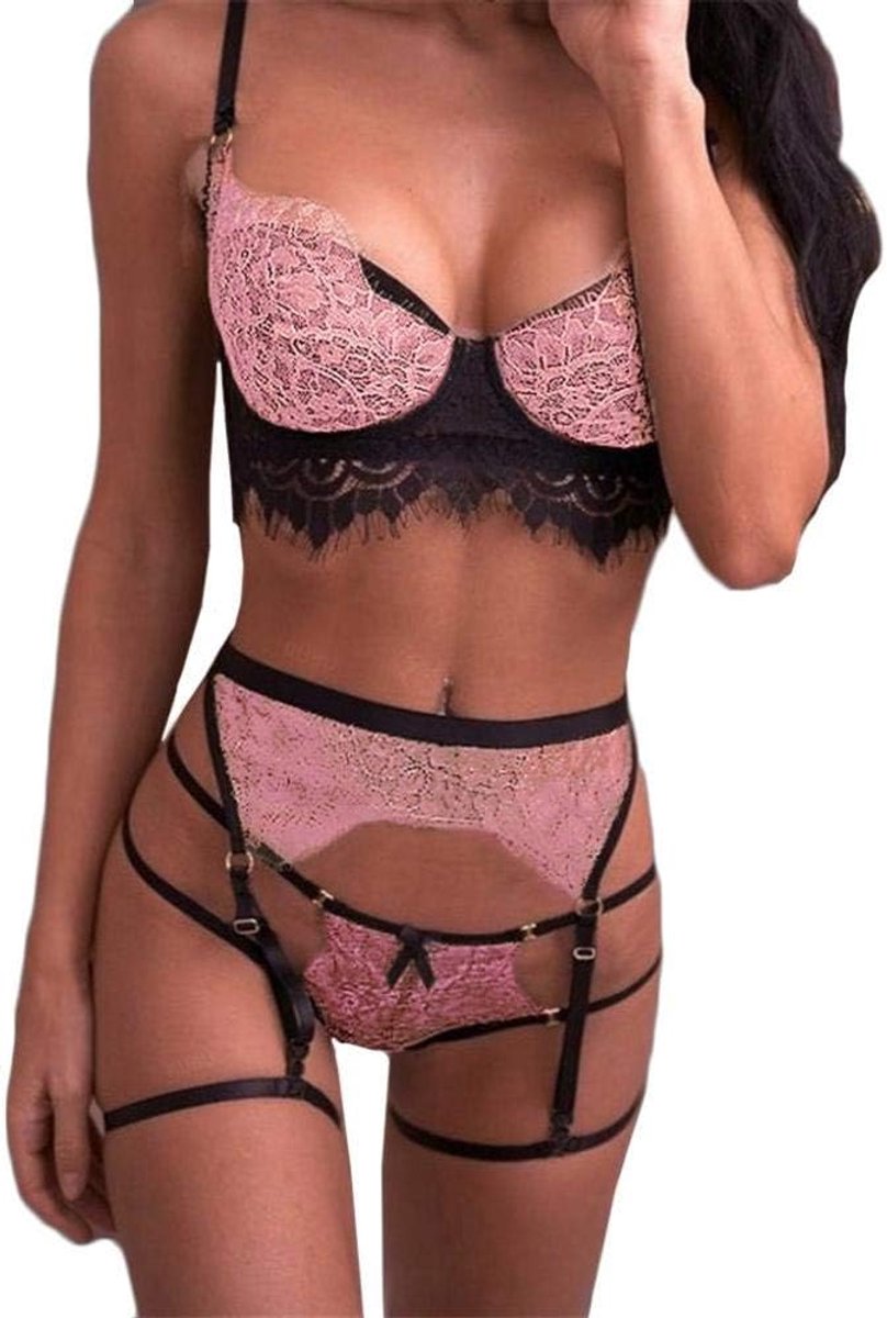 Bodystockings dames String Jarretellegordel Sexy Lingerie Transparant Kant Dames De Lingerie Set-Rosa_M