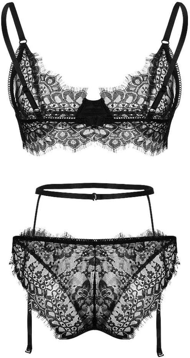 Dameskostuums 3 ST Vrouwen Erotische Lingerie Porno Sex Kousenband Kanten Beha String Verleiding Bandage Sexy Ondergoed Dames Nachtkleding Set-Black_3XL