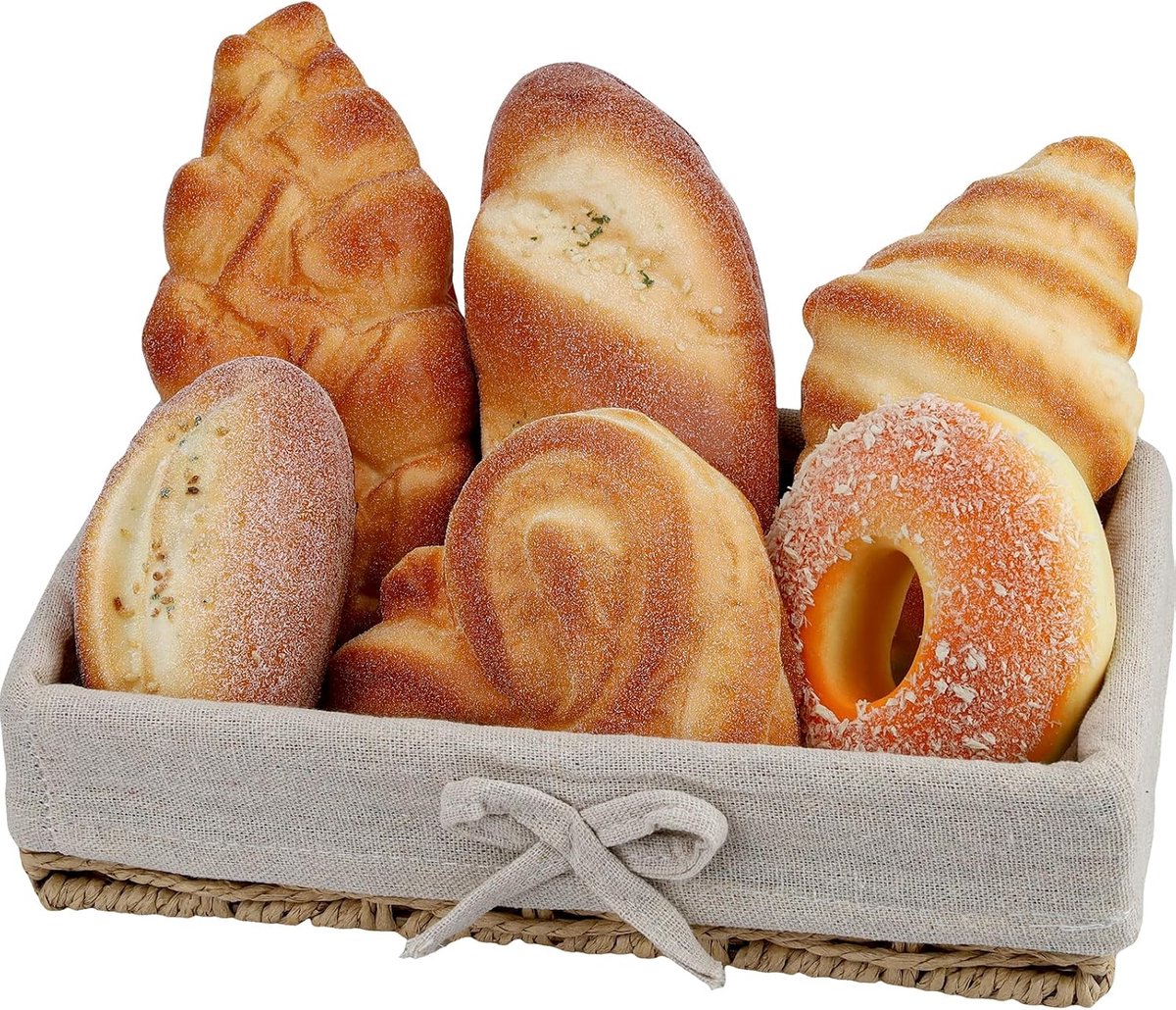 6 stuks decoratief kunstbrood, kunstbrood, donut, baguette, croissants, realistische tentoonstellingsmodellen, Frans brood, sesam, kokosnoot, pasta, broodjes, bakaccessoires