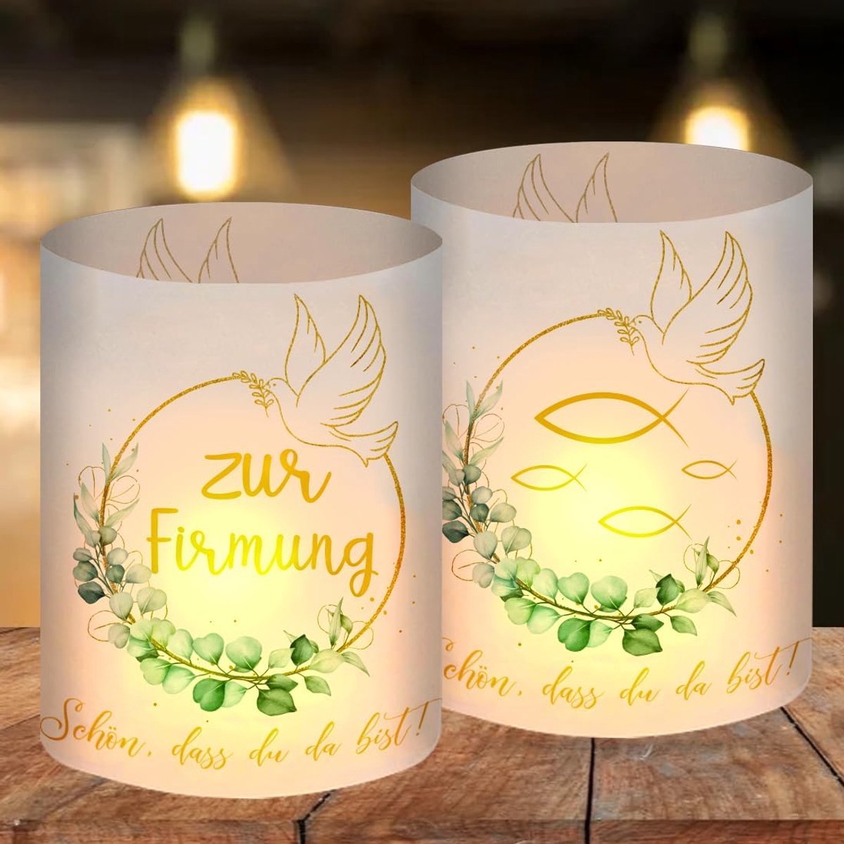 12 stuks windlicht tafeldecoratie vormsel decoratie jongens meisjes, ter bevestiging decoratie, doopdecoratie eucalyptus groen, vormsel gastgeschenken, mooi DASS Du Da Bist, voor theelichtjes of