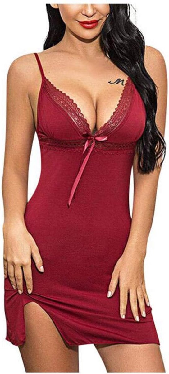 Nachtkleding kant lingerie sexy jurk met string voor damesDames Nachthemd Casual Zachte Nachtkleding V-hals Mouwloze Strakke Nachtjurk Vrouwelijke Nachtkleding