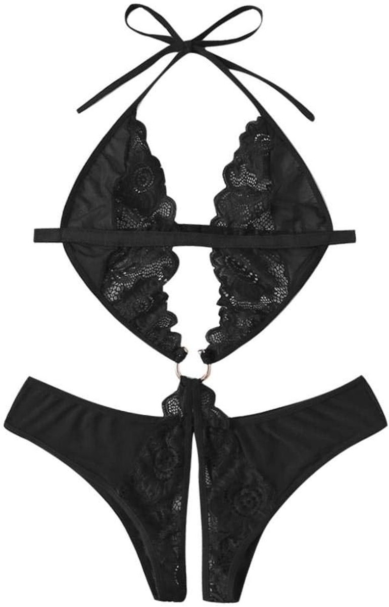 Sets met nachtmode & ochtendjas 2 ST Sexy Vrouwen Lingerie Diepe V Kanten Beha Slips Strik Perspectief Verleiding Ondergoed Erotische Lingerie Set-Black_M