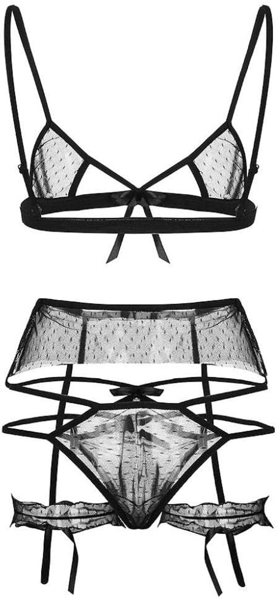 Babydolls, nachtjaponnen & negligés 3 ST Vrouwen Sexy Lingerie Kanten Beha Verleiding Porno Ondergoed Kousenband Bondage Sex Ladies Nightdress Set-Black_M