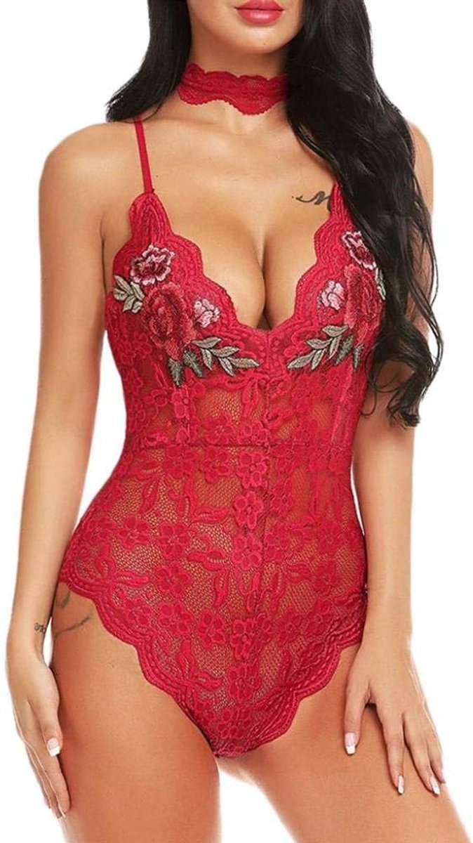 Sexy dames erotische lingerie Sexy Dames Lingerie Kanten Beha Diepe V Borduurwerk Verleiding Perspectief Erotische Lingerie Porno Dames Nachtkleding-Red_L
