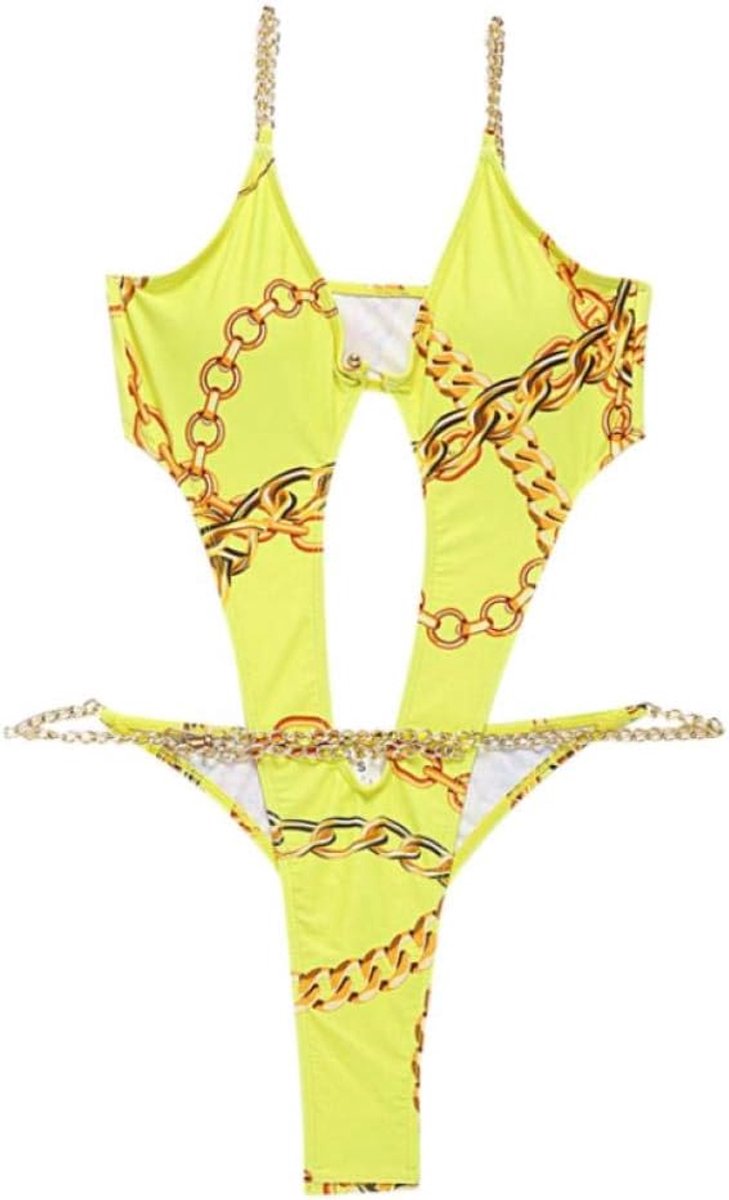 Dameskleding Damesmode Sexy Holle Metalen Ketting Lange Mouw Gepersonaliseerde Gedrukt Een Stuk Casual Badpak Gift-Yellow_L