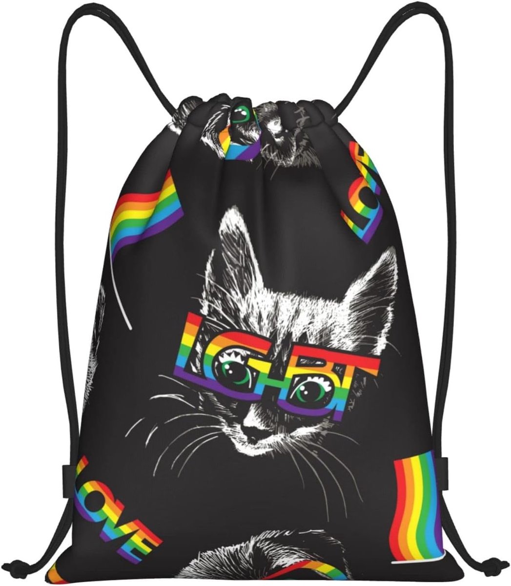 Kitten met coole zonnebril sportuitrusting tas trekkoord tas waterbestendig lichtgewicht sport gym zak trekkoord tas string tas yoga tas voor mannen vrouwen, Zwart, Eén maat
