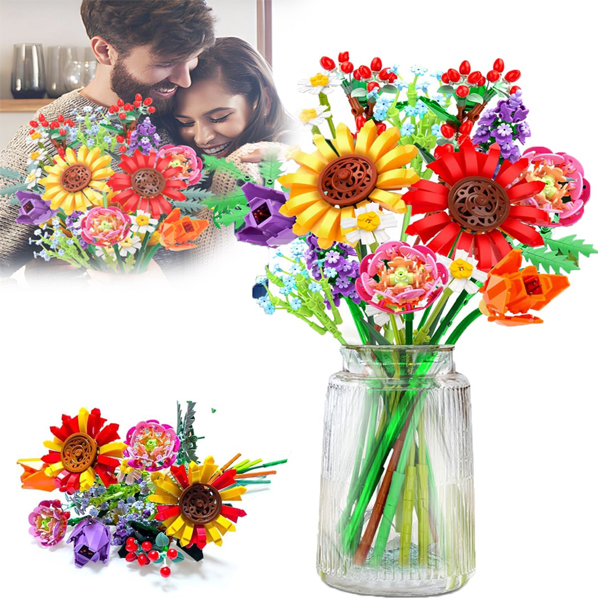 17 Kunstbloemen In Heldere Kleuren En Gesimuleerde Vormen – 976-Delige Boeket Bouwset Van ABS – DIY Decoratief Arrangement – Cadeau Voor Moederdag, Verjaardag En Kerstmis