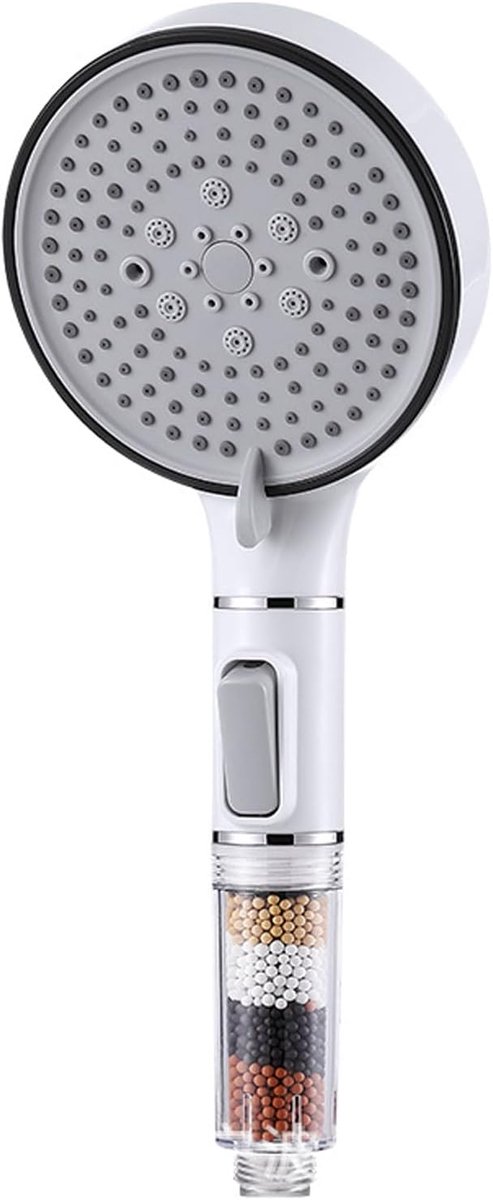 Douchekop met filter, handdouche met boosterfunctie, 5 straalmodi en stopfunctie, handdouche met mineraalfilter verwijdert hard water, restchloor, bacteriën en zware metalen (wit)