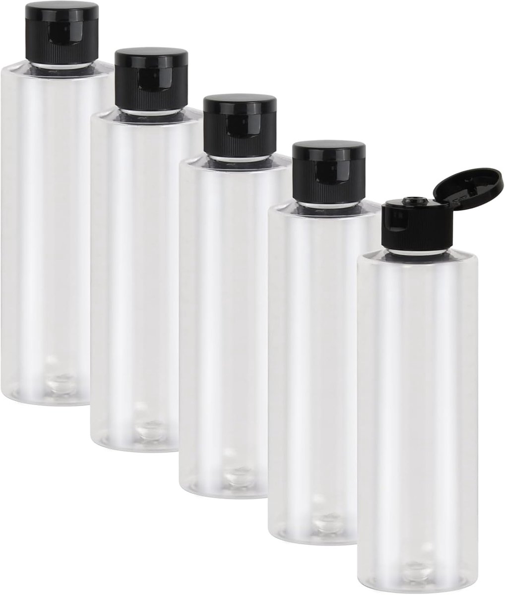 5 stuks 200 ml reisflessenset, plastic fles, transparant, cosmeticafles, leeg, houder voor vlucht, vulflessen, kunststof flessen voor cosmetica, reizen, shampoo, douchegel