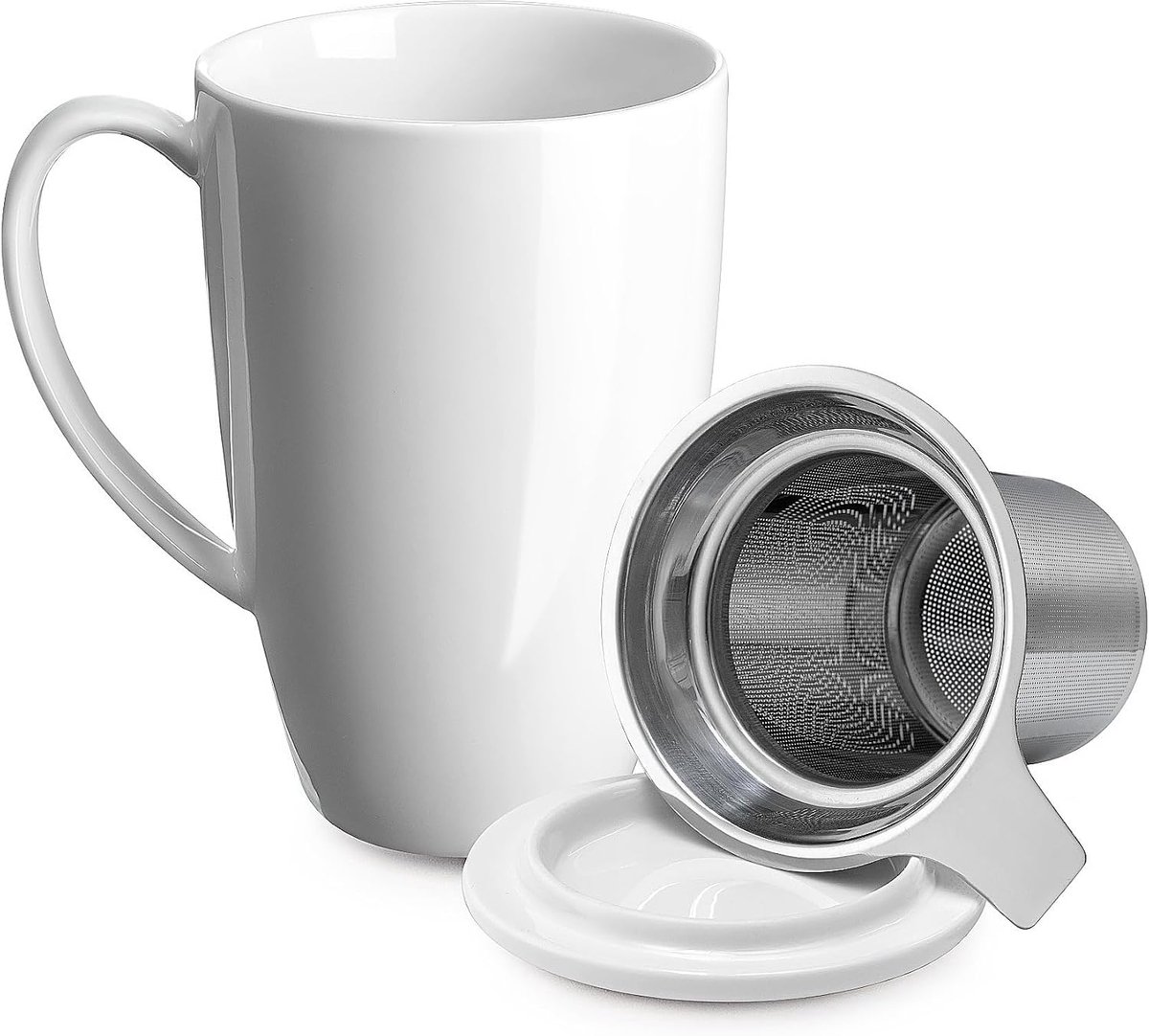 Theemok met infuser en deksel, thee-accessoire met filter, losse theekop met zeefje, 450 ml voor thee/koffie/melk/vrouwen/kantoor/thuis/cadeau (wit)