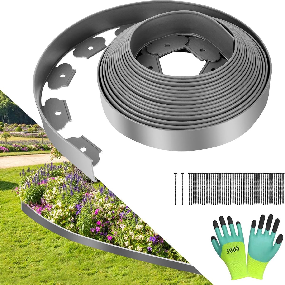 Gemaakt van flexibel PE plastic grijs 10m lang 5cm hoog, met 60 grondankers &1 paar handschoenen voor tuin gazon beton steen & grind gebieden