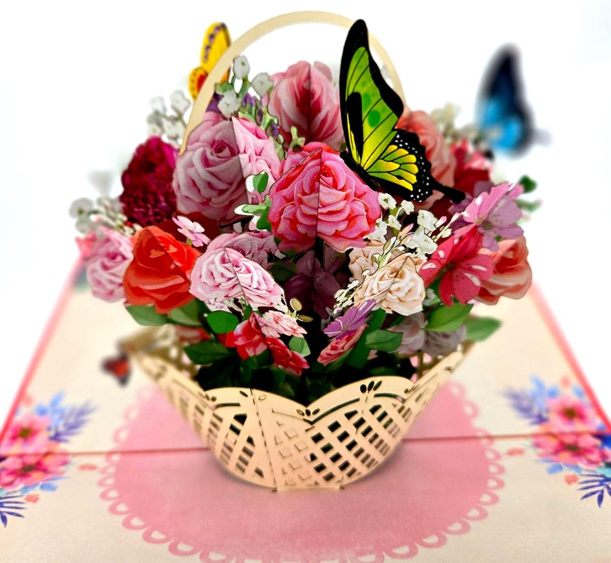 3D pop-up wenskaart - bloemenmand met vlinders op bloemen