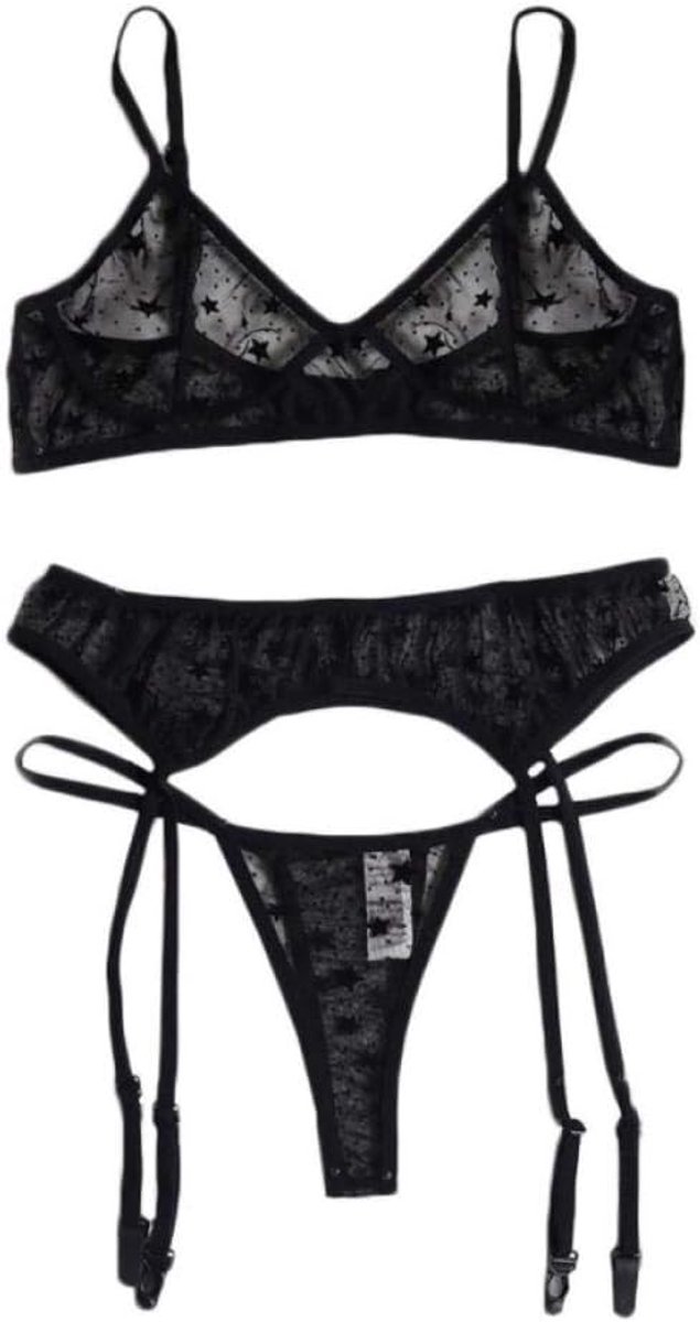 Bodystockings dames 3 ST Vrouwen Sexy Lingerie Mesh Draadloze Beha G-String Kousenband Verleiding Erotische Lingerie Porno Hollow Set Ondergoed-Black_M