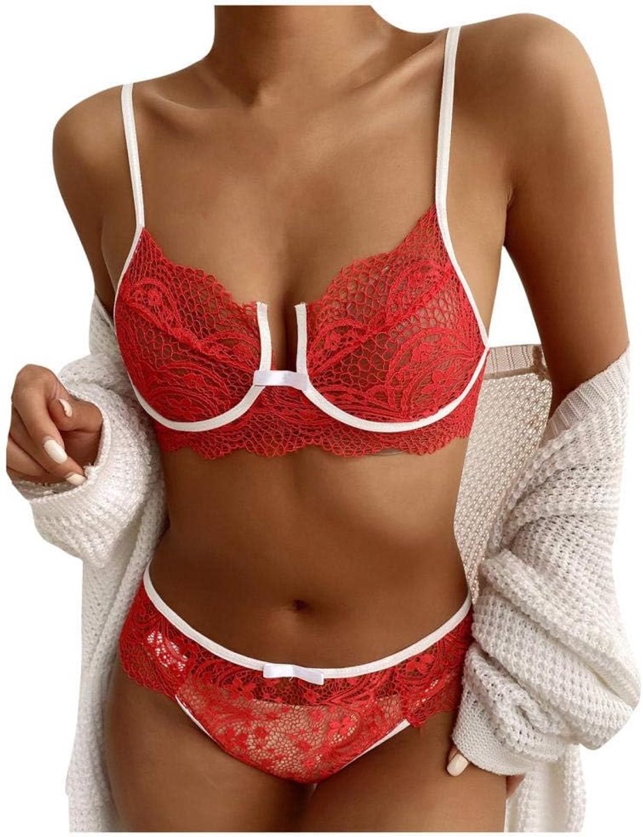 Babydolls, nachtjaponnen & negligés dames Damesondergoed Corset BH Slip Sexy Lingerie Transparant kant Set-red_4XL