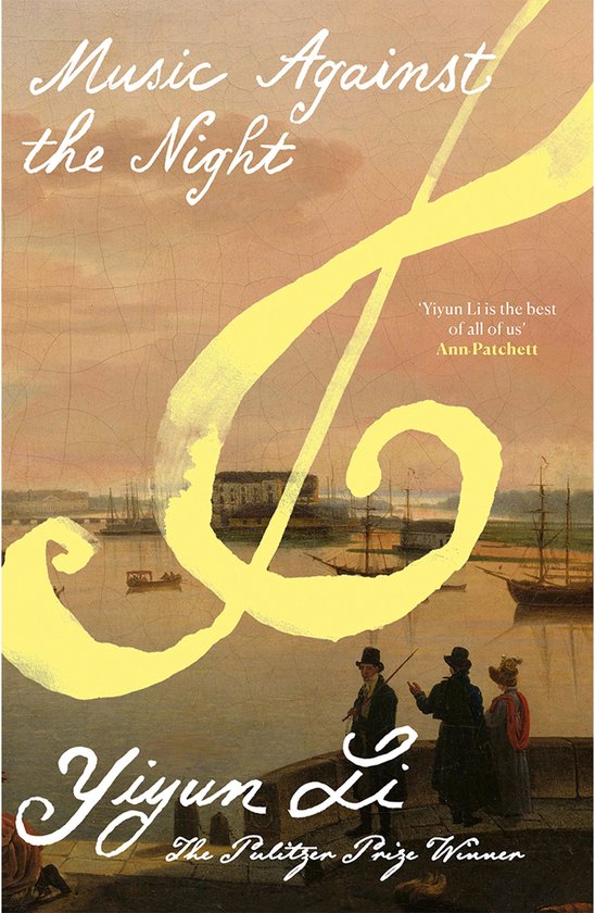 Boekcover met de titel 'Music Against the Night' in sierlijk geel schrift, een grote muzieksleutel en drie figuren op een balkon.