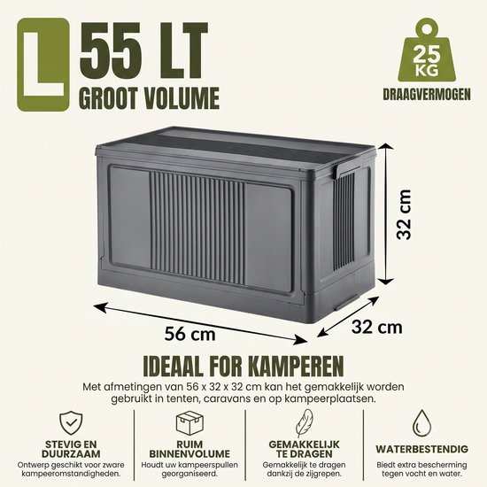 INDECOR Opbergbox 55 Liter met Deksel – Opvouwbare Opbergbox – Stapelbare Opbergkist – Voor Thuis, Garage, Camping & Camper – 56 × 32 × 32 cm - Antraciet — afbeelding 3