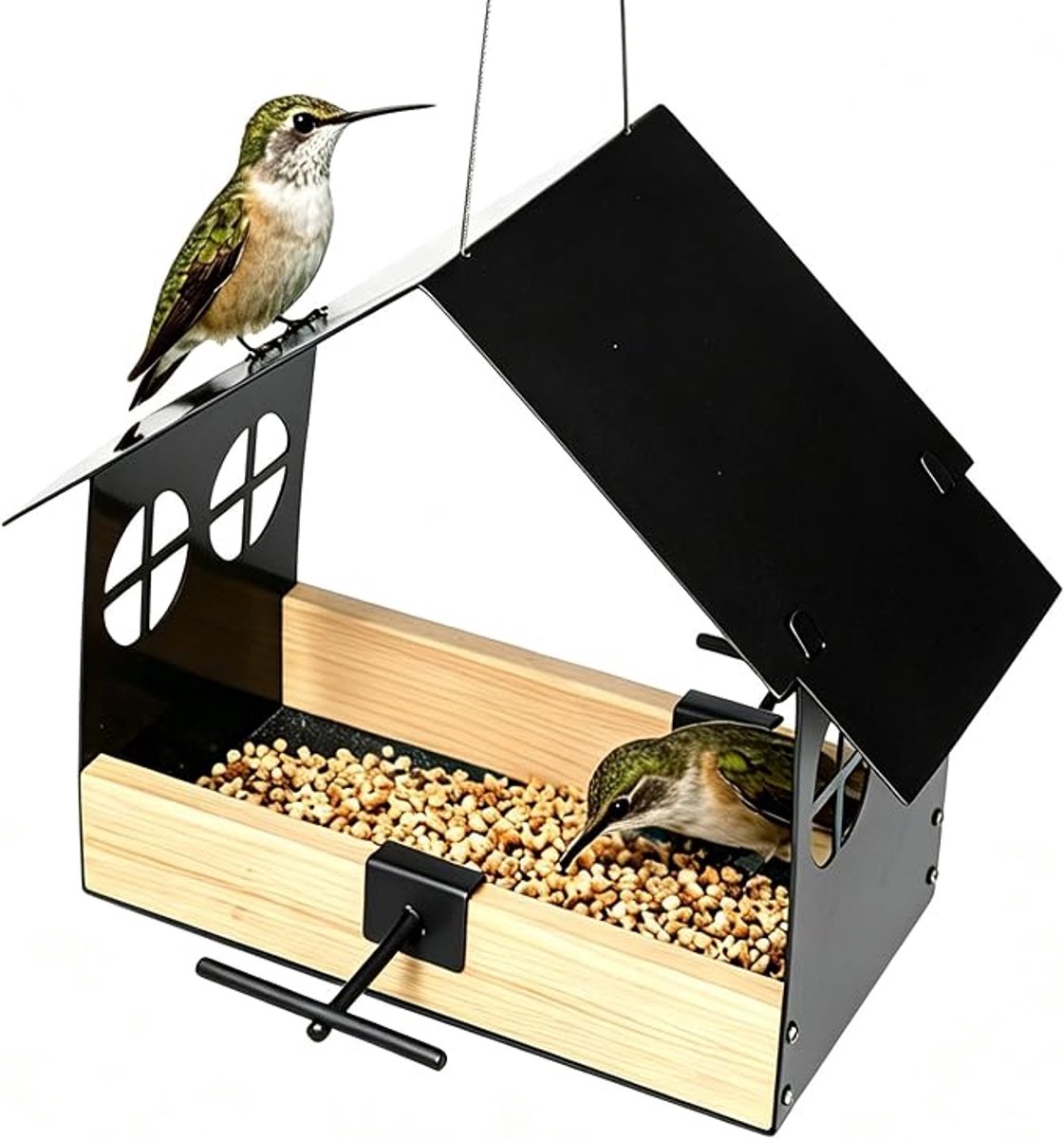 Metalen Hangende Vogelvoeder met Weerbestendig Dak en Haak - Grote Capaciteit - 29x15 cm - Zwart - Voor Tuin en Buiten - Voor Vogelliefhebbers