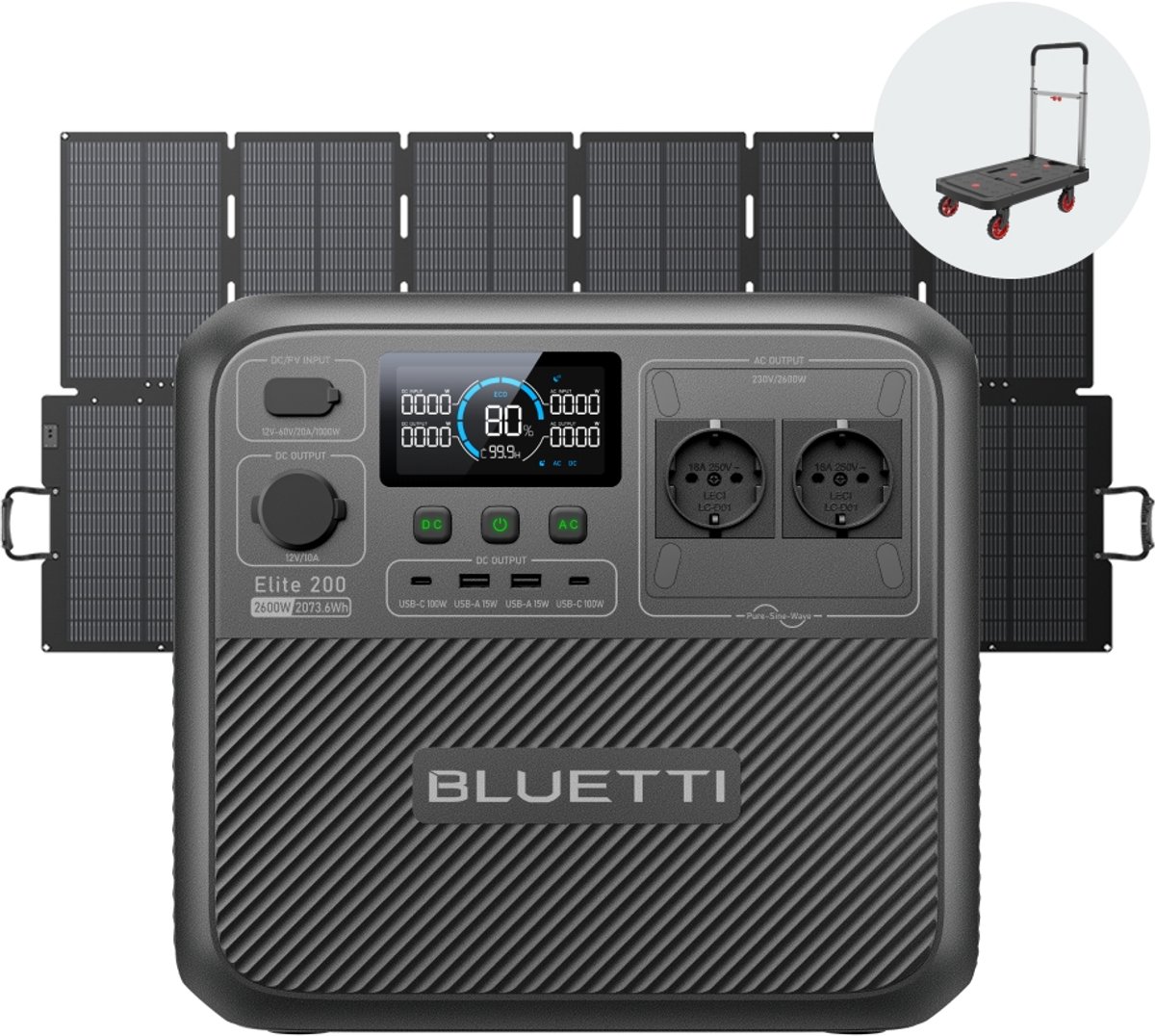 BLUETTI Elite 200 V2 - Powerstation - 2073,6Wh met SORA500 500W Zonnepaneel - 2600W AC - 3900W Power Lifting - LiFePO4 230V - Camping Camper Noodstroom