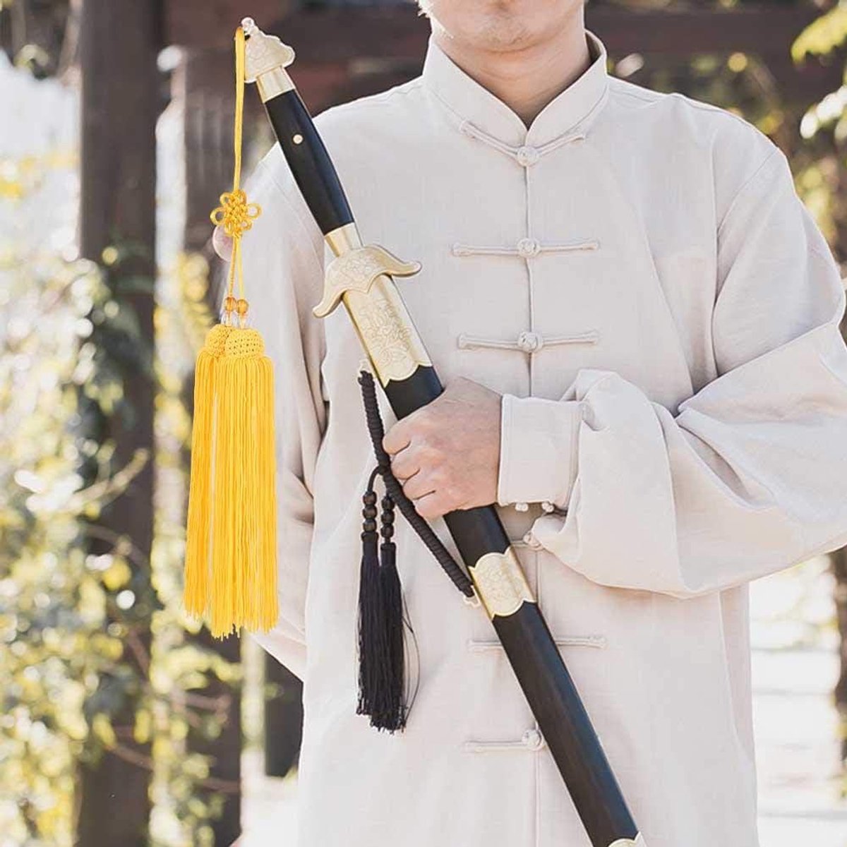 Tai chi, Taiji zwaard kwast lange zijde Zhong Hua Wushu Tai Chi Kung Fu Chinese vechtkunst zwaardkwast oefening prestaties accessoires zwaardaccessoires (gele korte zwaard kwast)