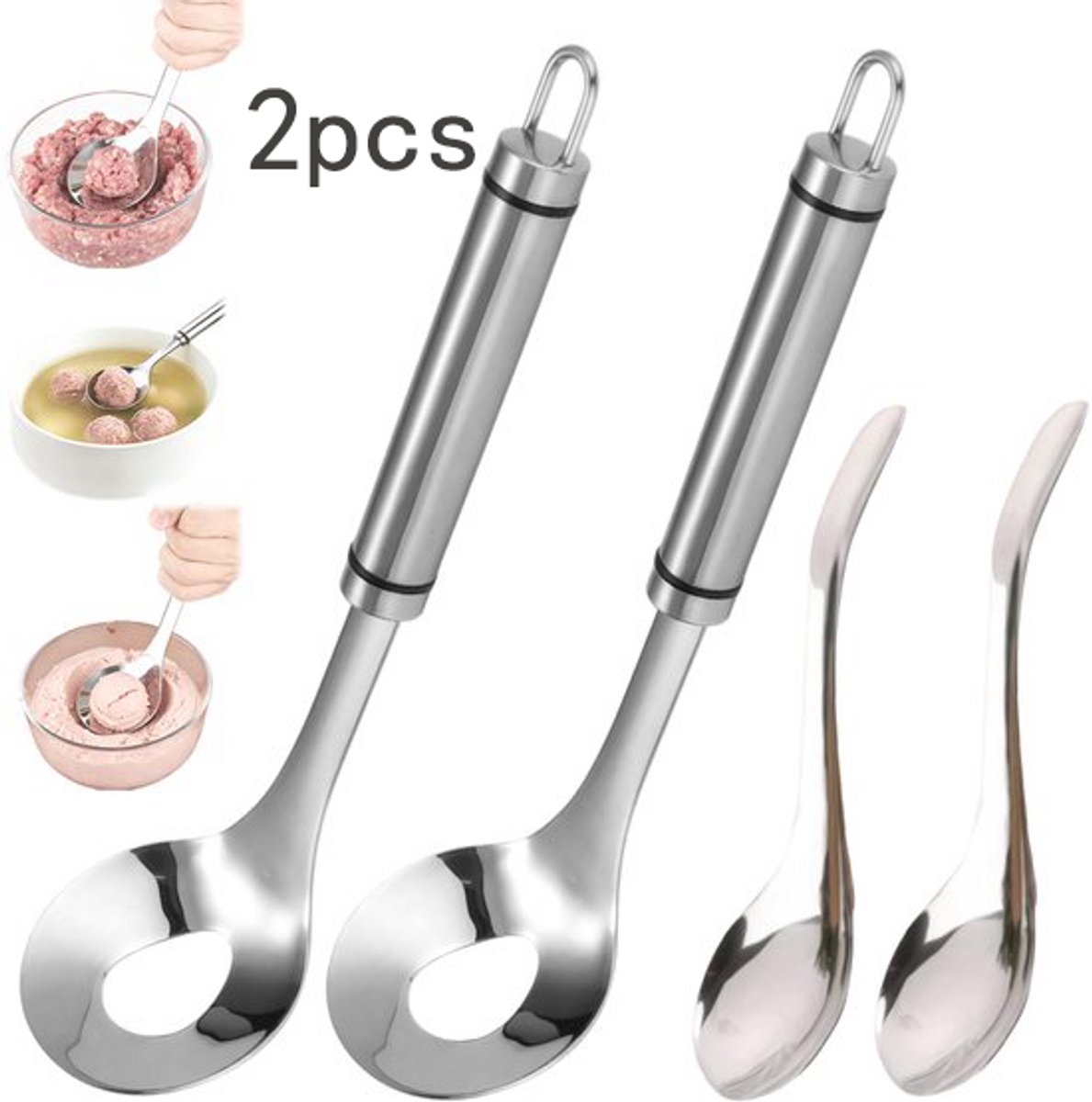 Gehaktballen maker - RVS Gehaktballetjesschep - 2 sets - Gehaktballepels met gat - Tafellepels - Lange steel lepel - Geschikt Voor in De Keuken, Eetkamer, Koken, Kip, Varkensvlees, Vis, Vegetarisch - Zilver