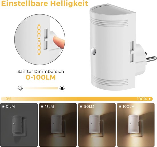 LED Nachtlampje met Bewegingssensor, Dimbaar 0–100 lm, Warm Wit 3000K, Stopcontact Nachtlamp voor Kinderkamer, Trap, Gang, Slaapkamer, Keuken, Badkamer, Wit — afbeelding 5
