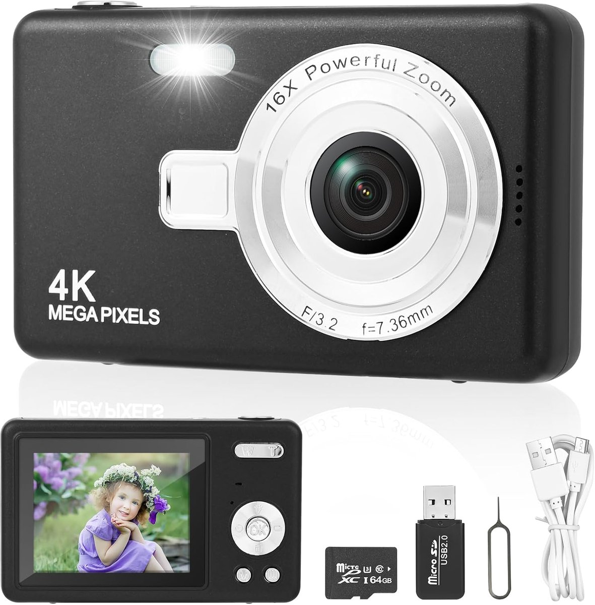 Camera fotocamera met 64 GB kaart, 1080p FHD 40MP kindercamera 2,4 inch LCD, oplaadbare camera fotocamera met 8x digitale zoom digicam voor kinderen, volwassenen, meisjes en jongens (zwart)